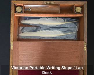 Victorian Portable Writing Slope with Marquetry Inlay,  Inkwells and Key