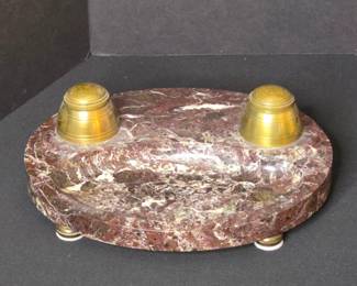 Antique Marble and Brass Inkwell Set