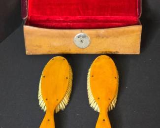 Vintage Wooden Hair Brushes with Case