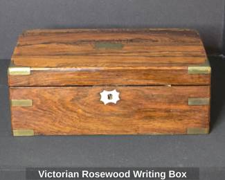 Victorian Rosewood Writing Desk with Inkwells and Key