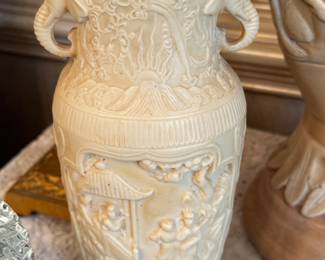 Vintage Asian Raised Relief Carved Vase w/ Elephant Handles