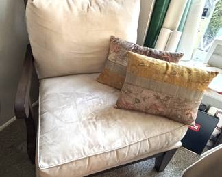 Pair of wood base, upholstered cushions arm chairs.                          $180.00 for pair.  BUY IT NOW! Call Jan at 314-960-5700 to purchase.  Cushions on these chairs could very easily be reupholstered.  