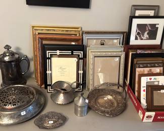 Silverplate and pewter items and frames.