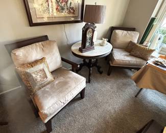 Pair of wood base, upholstered cushions arm chairs.                          $180.00 for pair.  BUY IT NOW! Call Jan at 314-960-5700 to purchase.  Cushions on these chairs could very easily be reupholstered.  