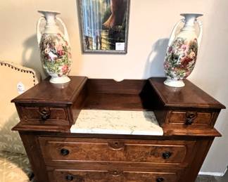 Antique chest with marble.                                                                                               39W x 19D x 38H                                                                                                       BUY IT NOW! $175.00  Please call Jan Hoff at 314-960-5700 to purchase.
