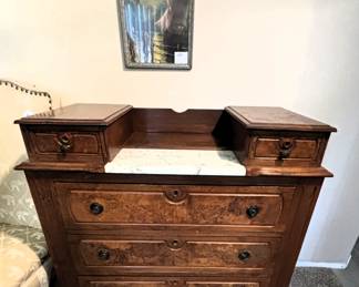Antique chest with marble.                                                                                               39W x 19D x 38H                                                                                                       BUY IT NOW! $175.00  Please call Jan Hoff at 314-960-5700 to purchase.