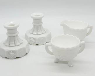 129 VintageMilkGlassCreamerSugarCandlestickHolders