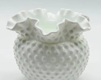 62 VintageFentonWhiteMileGlassHobnailRuffledVase