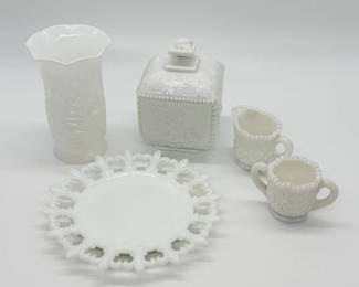 147 VintageMilkGlassVaseCandyDishCreamSugarPlate