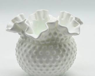 63 VintageFentonWhiteMileGlassHobnailRuffledVase