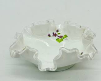 73 VintageFentonVioletsintheSnowRuffledMilkGlassDish