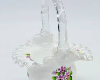 75 VintageFentonVioletsintheSnowMilkGlassBasket