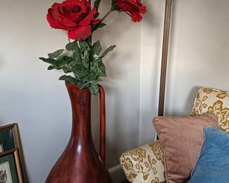 3’ tall red brown Mexican pottery vase w faux roses