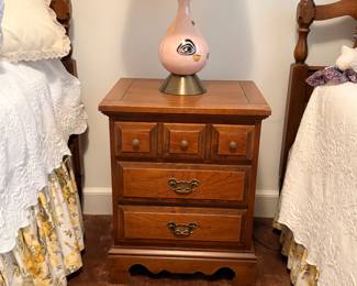 MCM vintage twin bedroom set: 2 twin beds, 3-drawer bedside table, 6-drawer dresser, wall mirror
MCM modern abstract pink table lamp w shade (working)