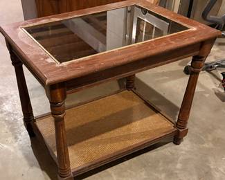 Vintage cane bottom, smoked glass top side table