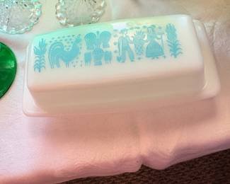 Vintage Pyrex milk glass Amish butterprint in turquoise covered butter dish