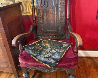 Pair of antique panel arm chairs  and Vintage Florida Souvenir Pillow