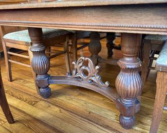 Table Base- Set of 10 antique Oak chairs with carved oak leaf and acorn detail and Ornate Oak table