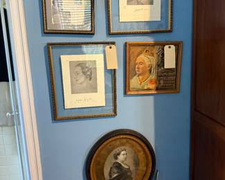 Framed Menus from Mrs. Simpson's restaurant, framed  oval portrait of Queen Victoria. 
