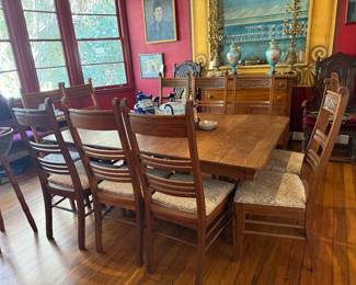 Set of 10 antique Oak chairs with carved oak leaf and acorn detail and Ornate Oak table
