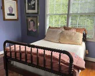 Full Size Jenny Lind Bed with vintage bedding, cream matelasse coverlet