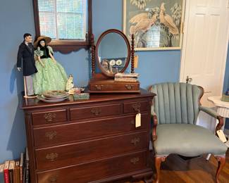 Antique mahogany 6 drawer  low chest of drawers, blue fan back chair , Rhett and Scarlet dolls, Vintage Turner Print 