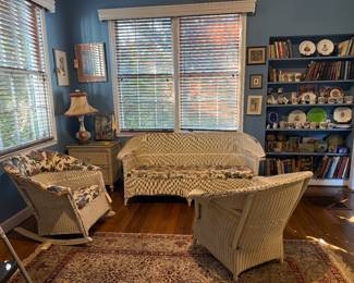 Antique Wicker sofa , rocker , chair.  2 drawer bedside chest, antique lamp 