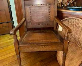 Antique Oak Panel Chair with leather back and seat 