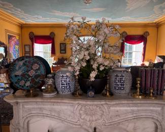 Happiness Jars( no lids), antique Cloisonné charger , brass candlesticks 