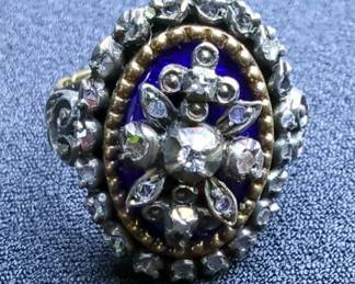 Blue Enamel Diamond Ring, Sz 6