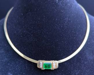 Omega Style 14K Gold Necklace With Diamond And Emerald Pendant 