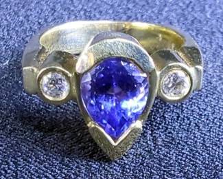 LE VIAN 14K Gold Ring with Pear-Shaped Tanzanite and Diamond Accents, Size 5.25 