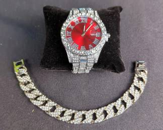 Men's Silver Toned Watch with Red Dial And Miami Bling Bracelet Set 
