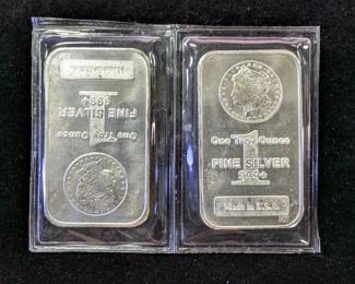 Silver Bars With Morgan Dollar Images, Qty 2, Each Is One Troy Ounce .999 Fine Silver