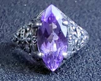 Sterling Silver Filigree Ring With Amethyst Marquise Cut Stone, Sz 7