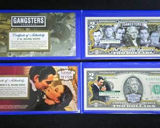 Colorized $2 U.S. Bank Notes With Gangsters And Gone With the Wind Images 
