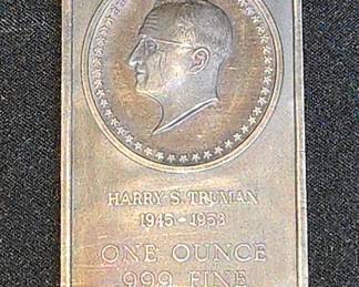 1976 US Bicentennial One Ounce .999 Fine Silver Bar With Harry S. Truman Image 