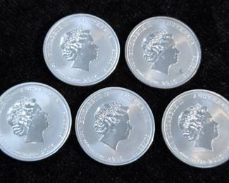 2016 Australian 50 Cent Victory In The Pacific Silver Coins, Qty 5, Each is 1/2 oz .9999 Fine Silver 