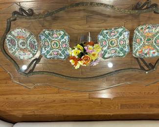 GLASS AND BRASS COFFEE TABLE AND OLD ROSE MEDALLION PORCELAIN