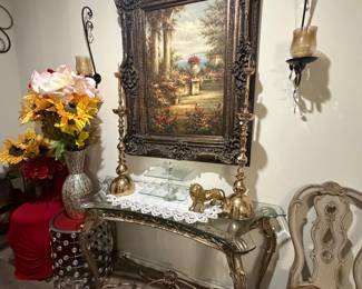 Console table, painting, brass