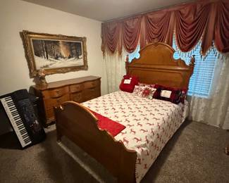 Tiger oak bed and dresser, keyboard