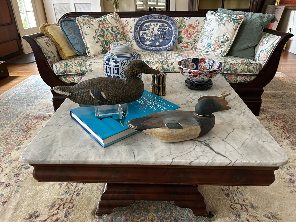 Marble top coffee table, vintage duck decoys