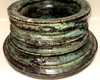 early McCarty's Pottery round ridged base in the blue tea luster glaze, 1954-62.  Signed McCarty's Merigold Miss on bottom