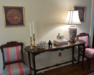 Console table, pair of side chairs