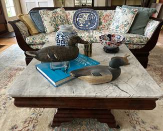 Marble top coffee table, vintage duck decoys
