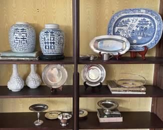 Blue & white Chinese double happiness jars, Blue Willow platter, sterling silver, milk glass vases