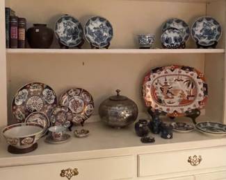 Masons well and tree platter, Imari, cloisonné, blue & white  