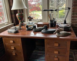 large desk, antique duck decoys