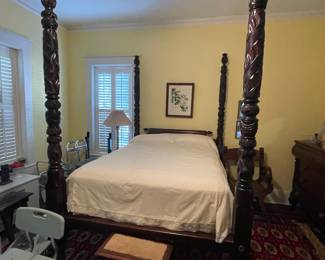 carved poster bed, steps, handicap shower seat