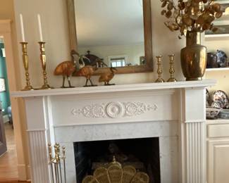 Brass fireplace fan,    Sold.            tools and log basket